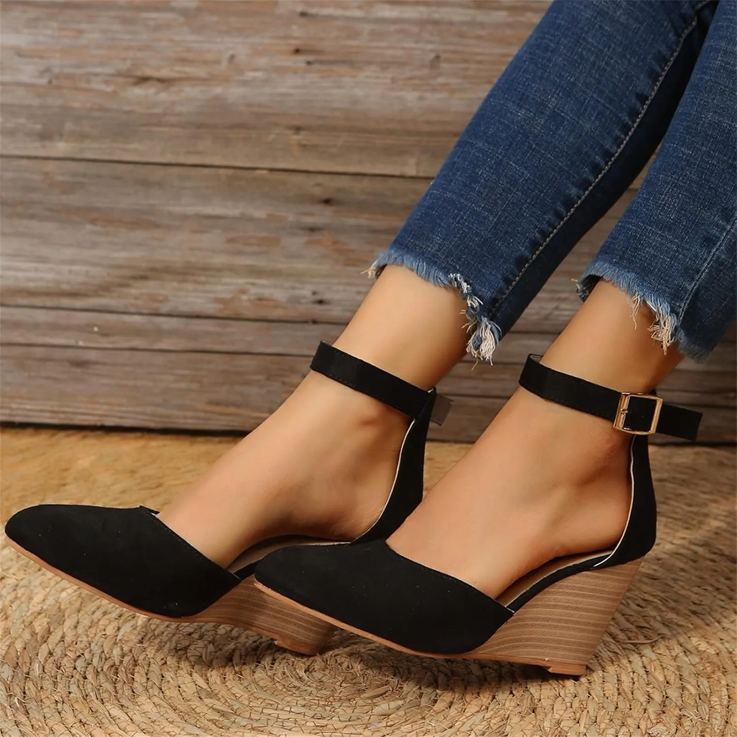 Closed Toe Wedges Heels for Women Dressy Platform Wedge Sandals Ankle Strap Heeled Espadrilles Sandals Ladies Comfortable Cork Summer Dress Shoes for Beach Wedding