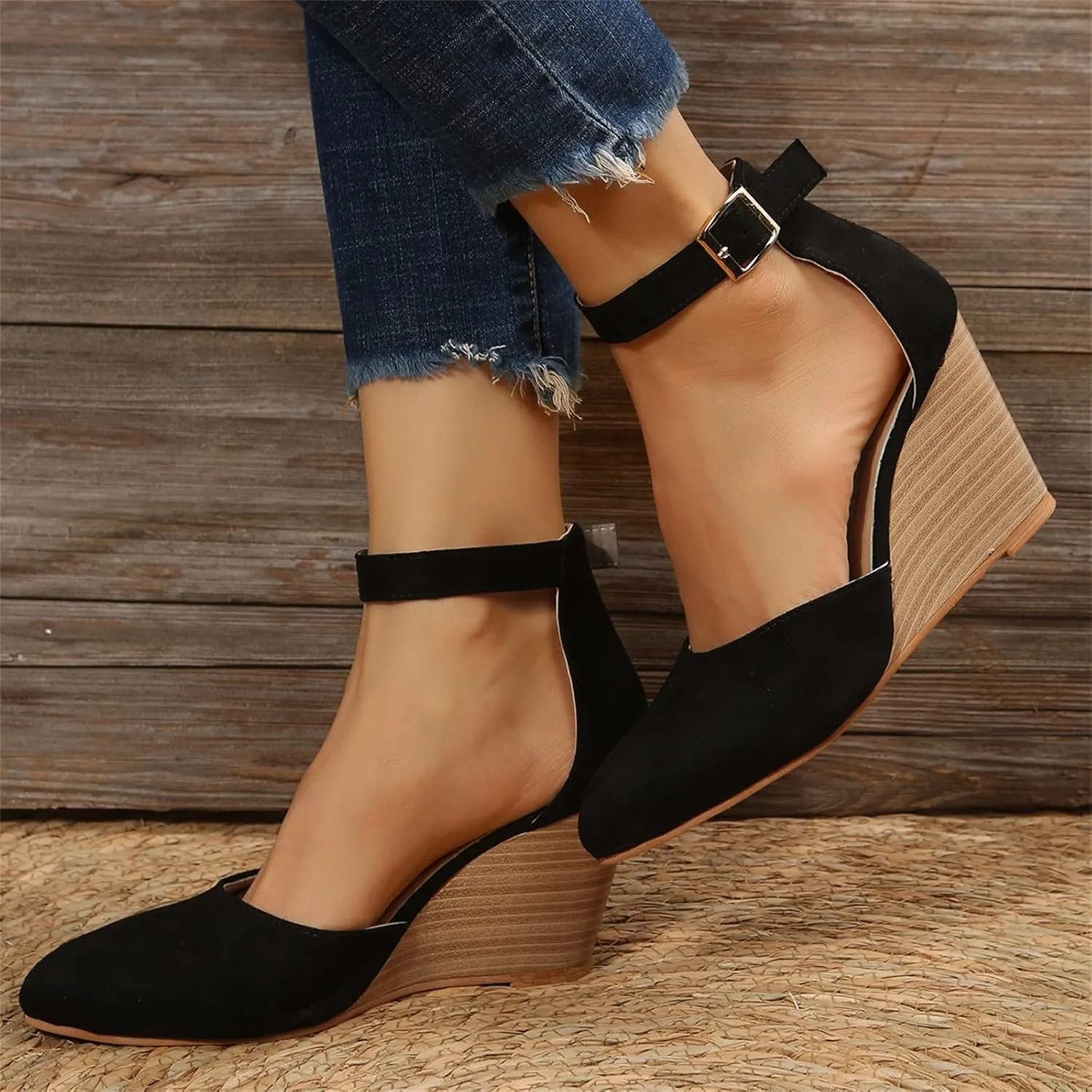 Closed Toe Wedges Heels for Women Dressy Platform Wedge Sandals Ankle Strap Heeled Espadrilles Sandals Ladies Comfortable Cork Summer Dress Shoes for Beach Wedding