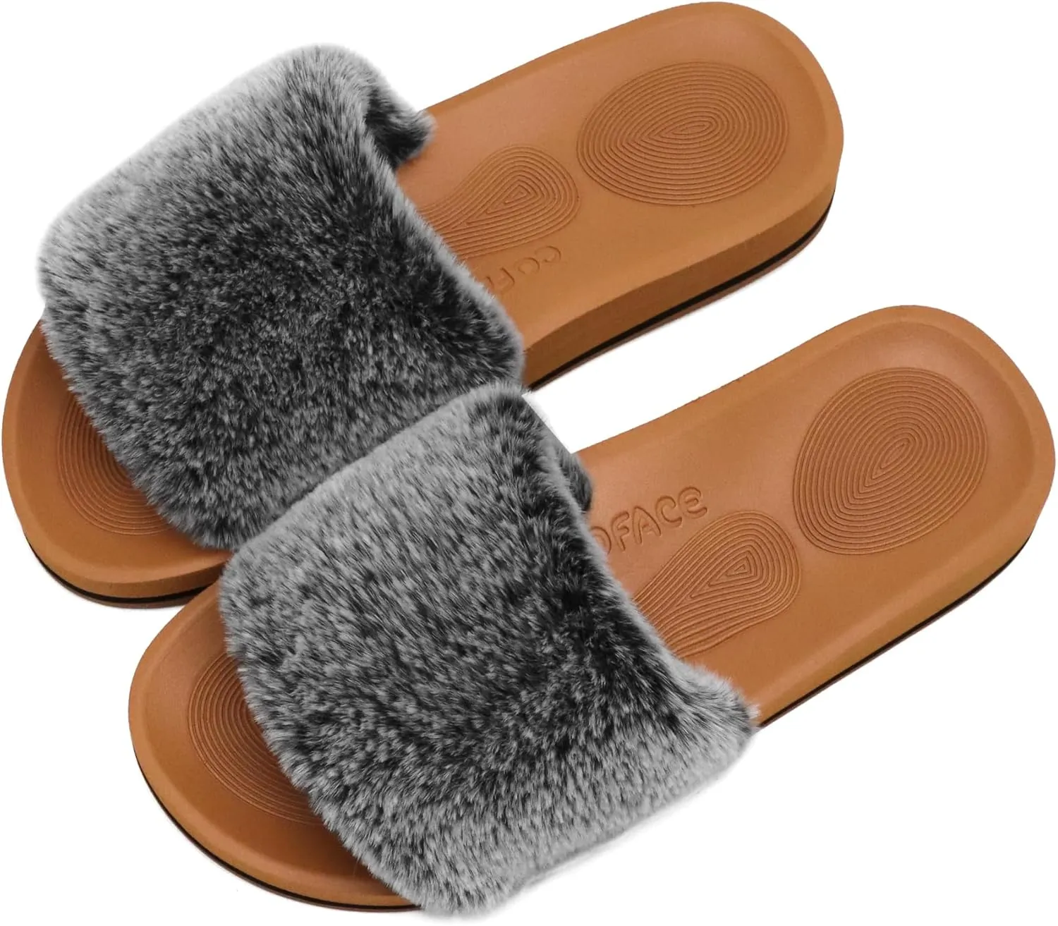 COFACE Womens Slides Fuzzy Slippers Open Toe Fluff Slippers With Arch Support Plantar Fasciitis Orthotic Slippers Women House Shoes