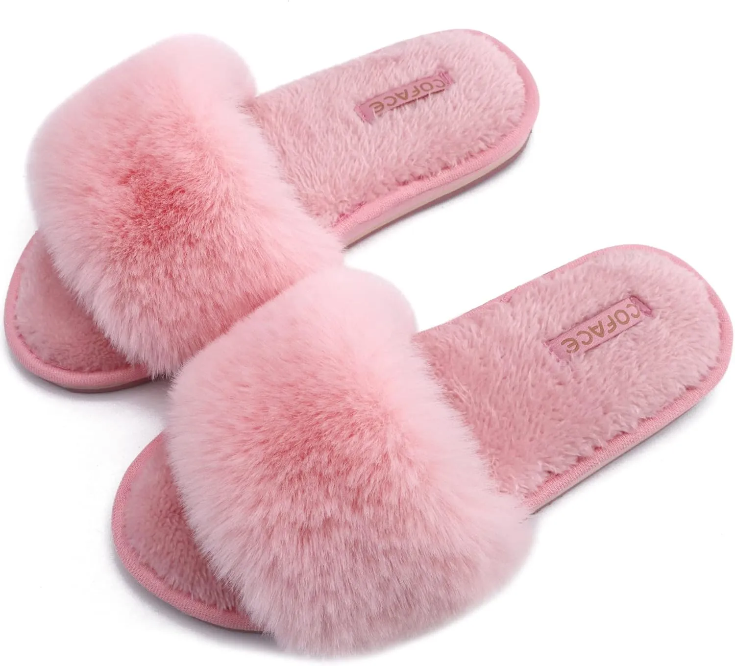 COFACE Womens Slides Fuzzy Slippers Open Toe Fluff Slippers With Arch Support Plantar Fasciitis Orthotic Slippers Women House Shoes