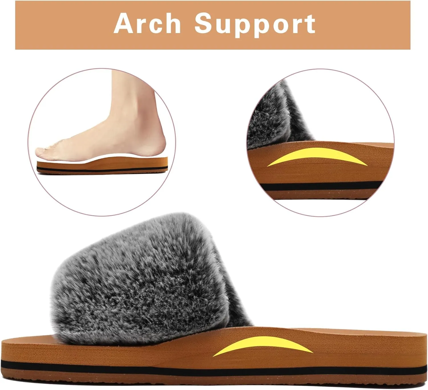 COFACE Womens Slides Fuzzy Slippers Open Toe Fluff Slippers With Arch Support Plantar Fasciitis Orthotic Slippers Women House Shoes