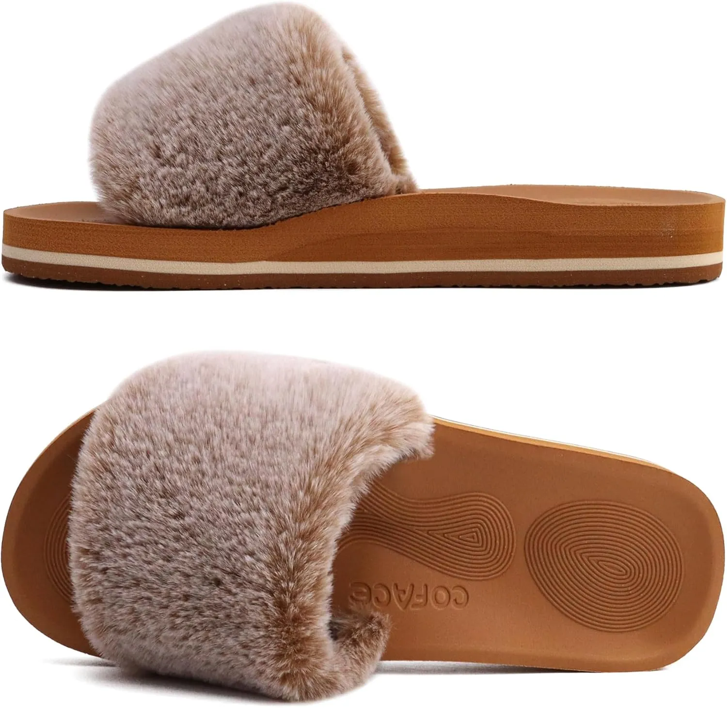 COFACE Womens Slides Fuzzy Slippers Open Toe Fluff Slippers With Arch Support Plantar Fasciitis Orthotic Slippers Women House Shoes