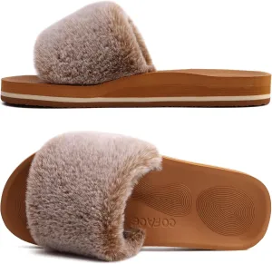 COFACE Womens Slides Fuzzy Slippers Open Toe Fluff Slippers With Arch Support Plantar Fasciitis Orthotic Slippers Women House Shoes