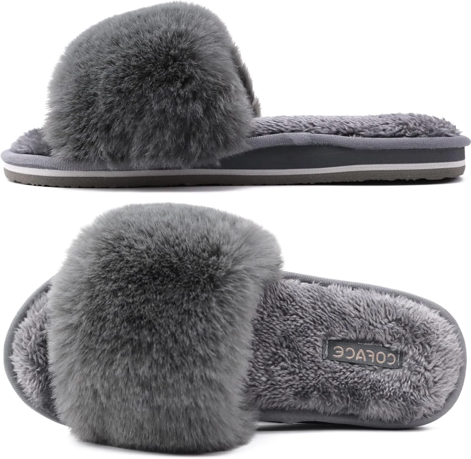 COFACE Womens Slides Fuzzy Slippers Open Toe Fluff Slippers With Arch Support Plantar Fasciitis Orthotic Slippers Women House Shoes
