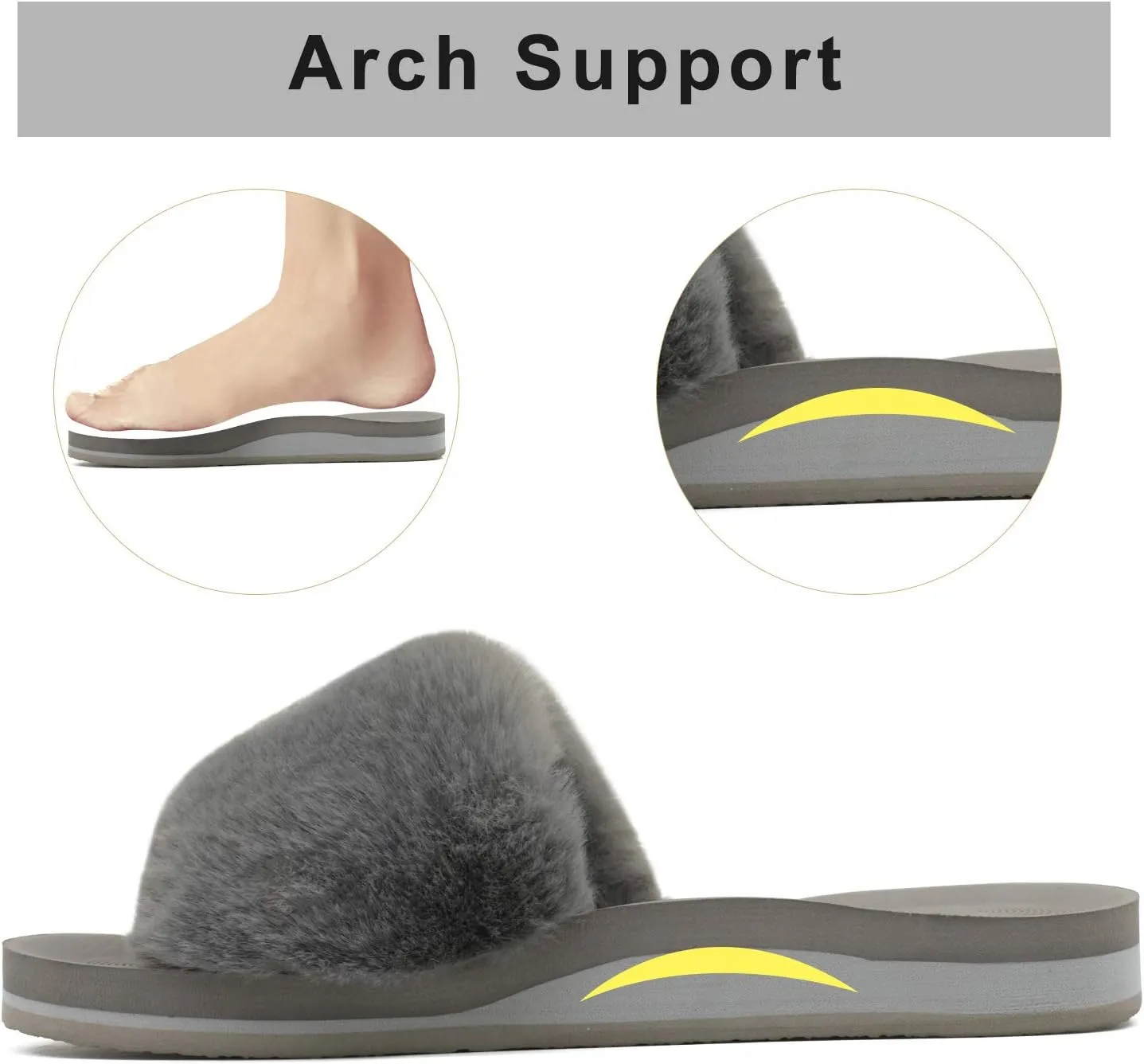 COFACE Womens Slides Fuzzy Slippers Open Toe Fluff Slippers With Arch Support Plantar Fasciitis Orthotic Slippers Women House Shoes