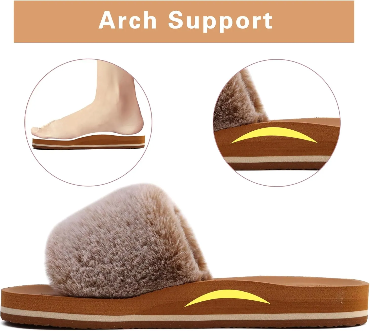 COFACE Womens Slides Fuzzy Slippers Open Toe Fluff Slippers With Arch Support Plantar Fasciitis Orthotic Slippers Women House Shoes