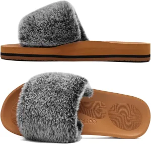 COFACE Womens Slides Fuzzy Slippers Open Toe Fluff Slippers With Arch Support Plantar Fasciitis Orthotic Slippers Women House Shoes