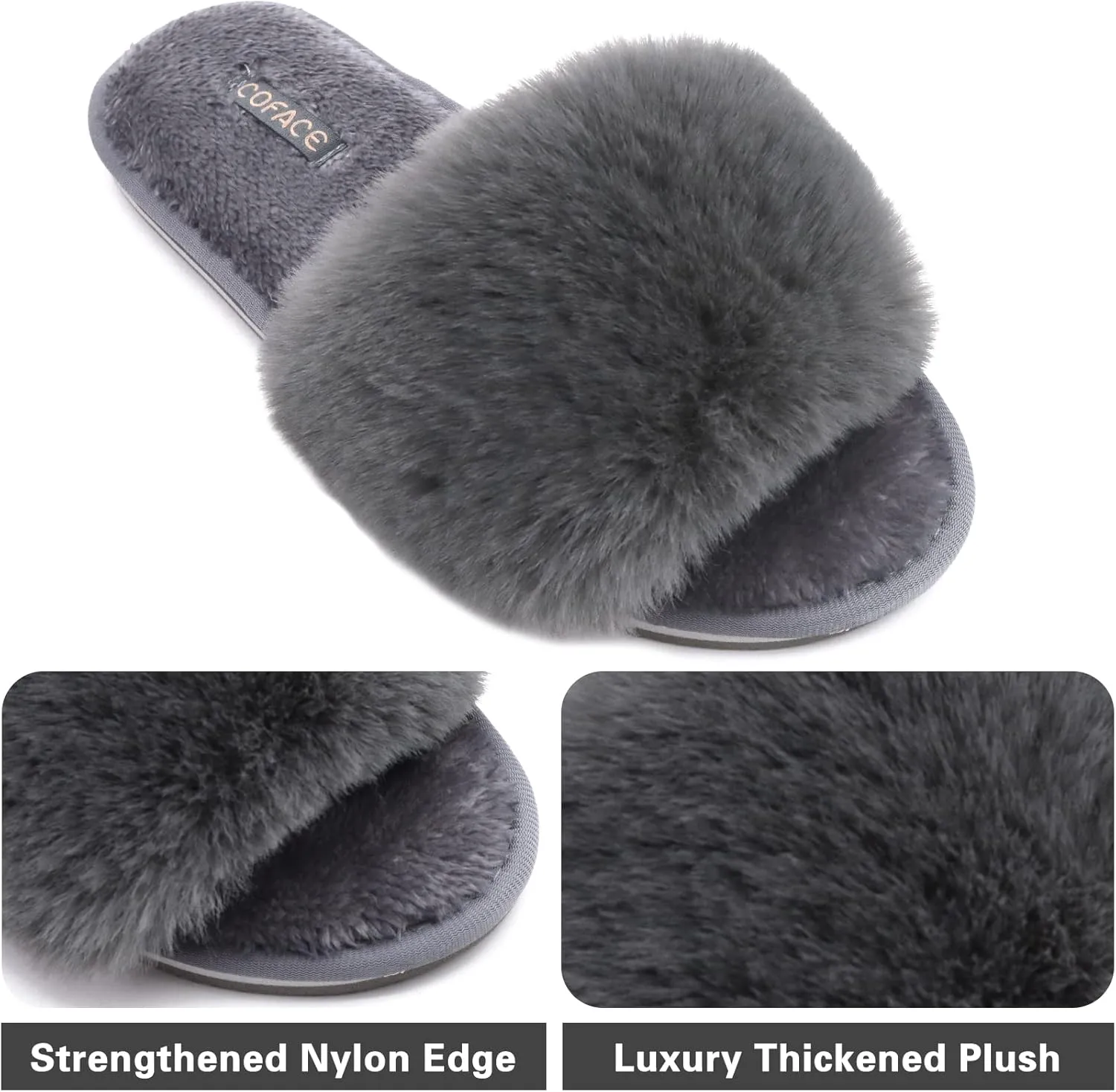 COFACE Womens Slides Fuzzy Slippers Open Toe Fluff Slippers With Arch Support Plantar Fasciitis Orthotic Slippers Women House Shoes