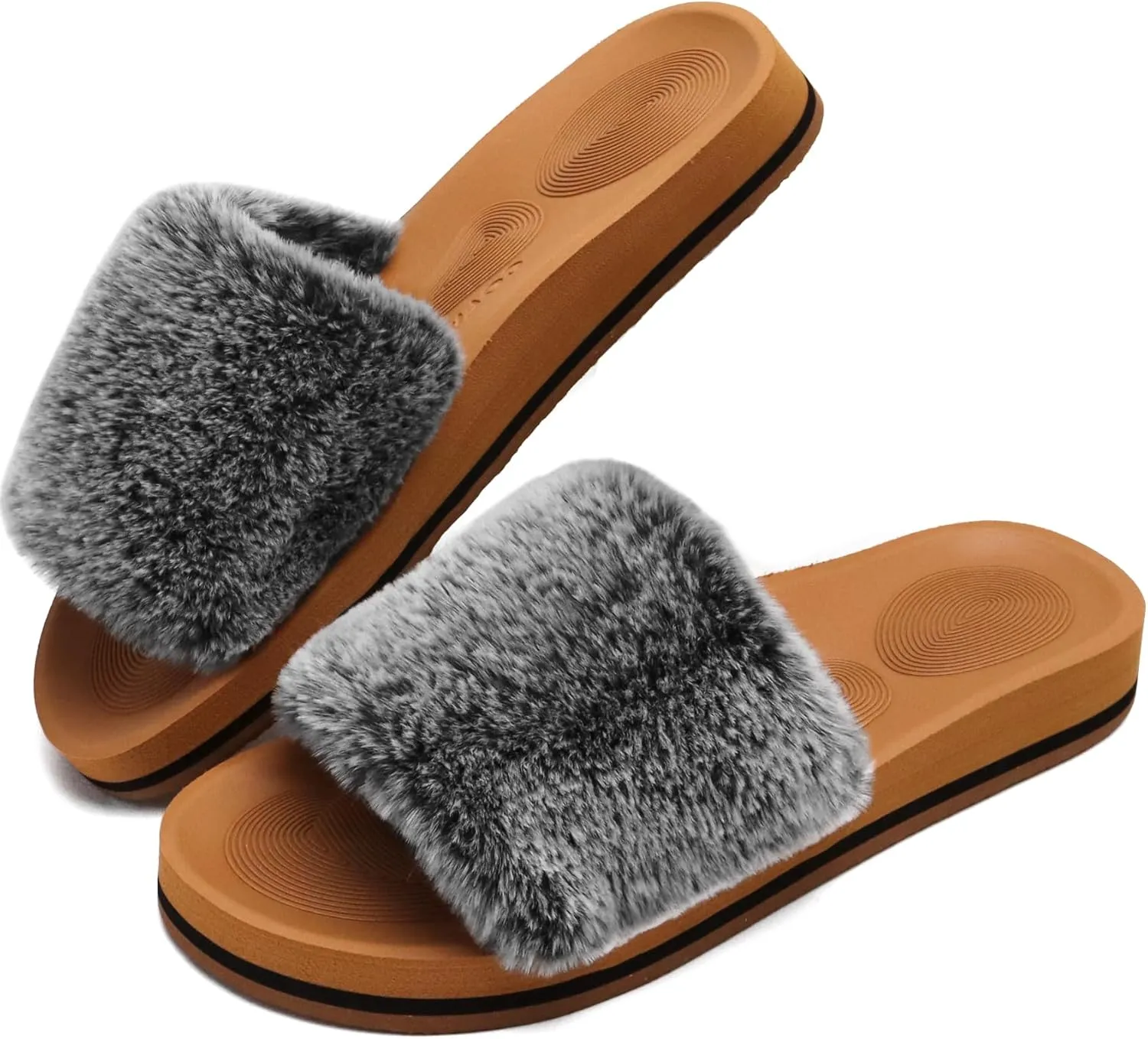 COFACE Womens Slides Fuzzy Slippers Open Toe Fluff Slippers With Arch Support Plantar Fasciitis Orthotic Slippers Women House Shoes