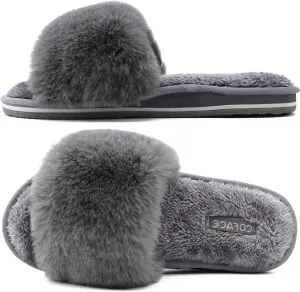 COFACE Womens Slides Fuzzy Slippers Open Toe Fluff Slippers With Arch Support Plantar Fasciitis Orthotic Slippers Women House Shoes