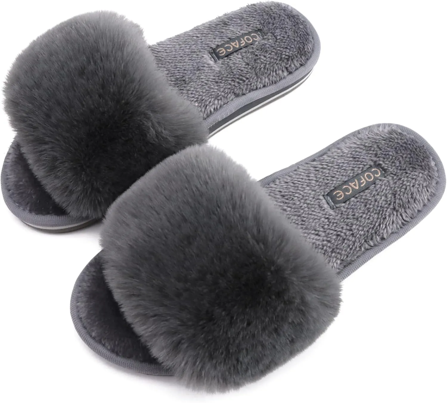 COFACE Womens Slides Fuzzy Slippers Open Toe Fluff Slippers With Arch Support Plantar Fasciitis Orthotic Slippers Women House Shoes