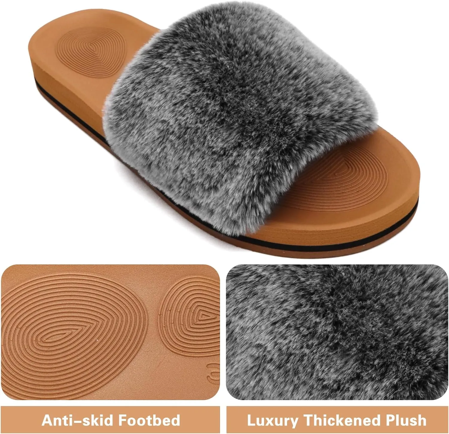 COFACE Womens Slides Fuzzy Slippers Open Toe Fluff Slippers With Arch Support Plantar Fasciitis Orthotic Slippers Women House Shoes