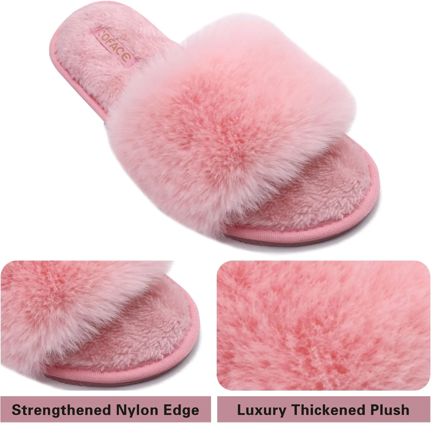 COFACE Womens Slides Fuzzy Slippers Open Toe Fluff Slippers With Arch Support Plantar Fasciitis Orthotic Slippers Women House Shoes
