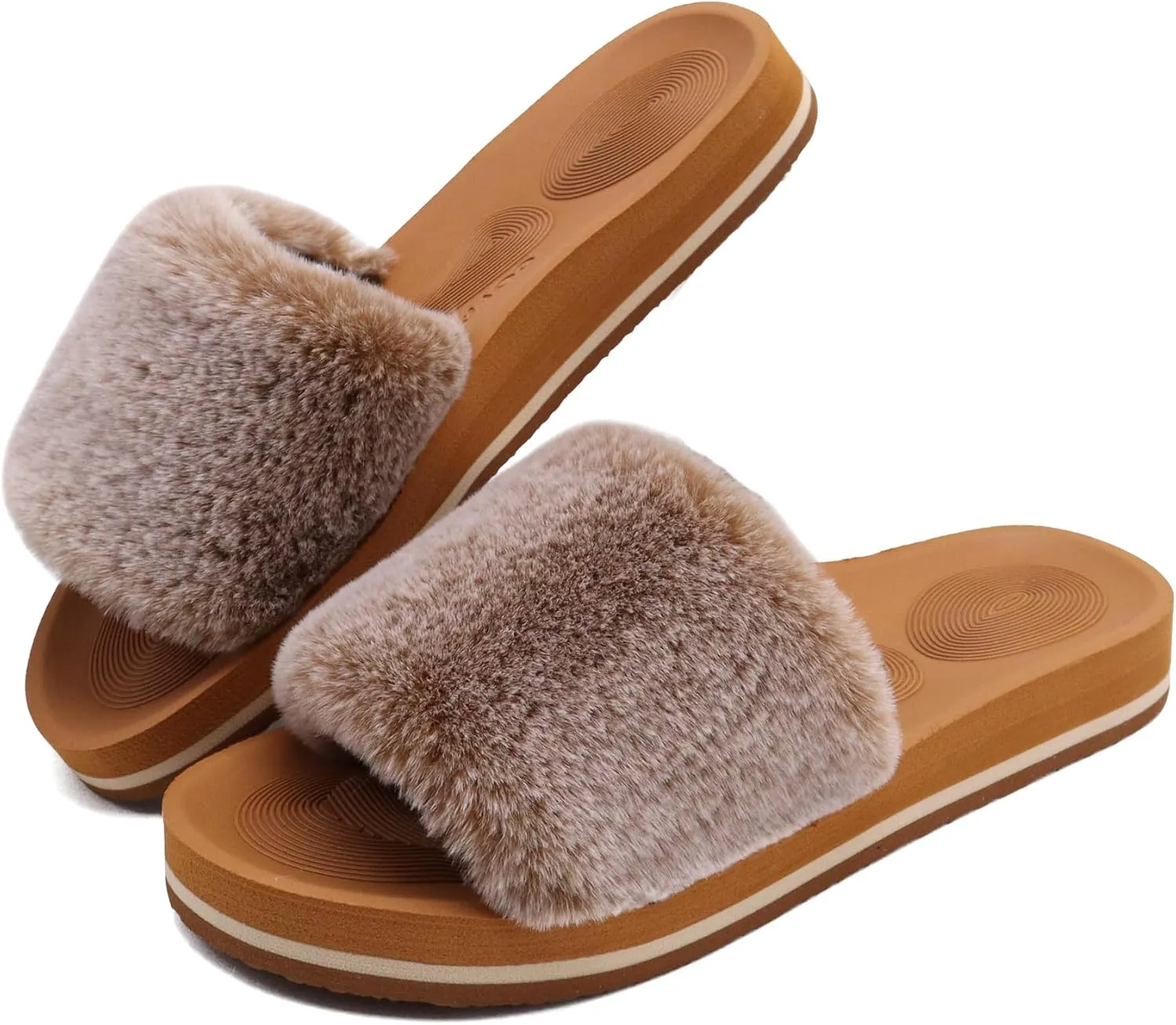 COFACE Womens Slides Fuzzy Slippers Open Toe Fluff Slippers With Arch Support Plantar Fasciitis Orthotic Slippers Women House Shoes
