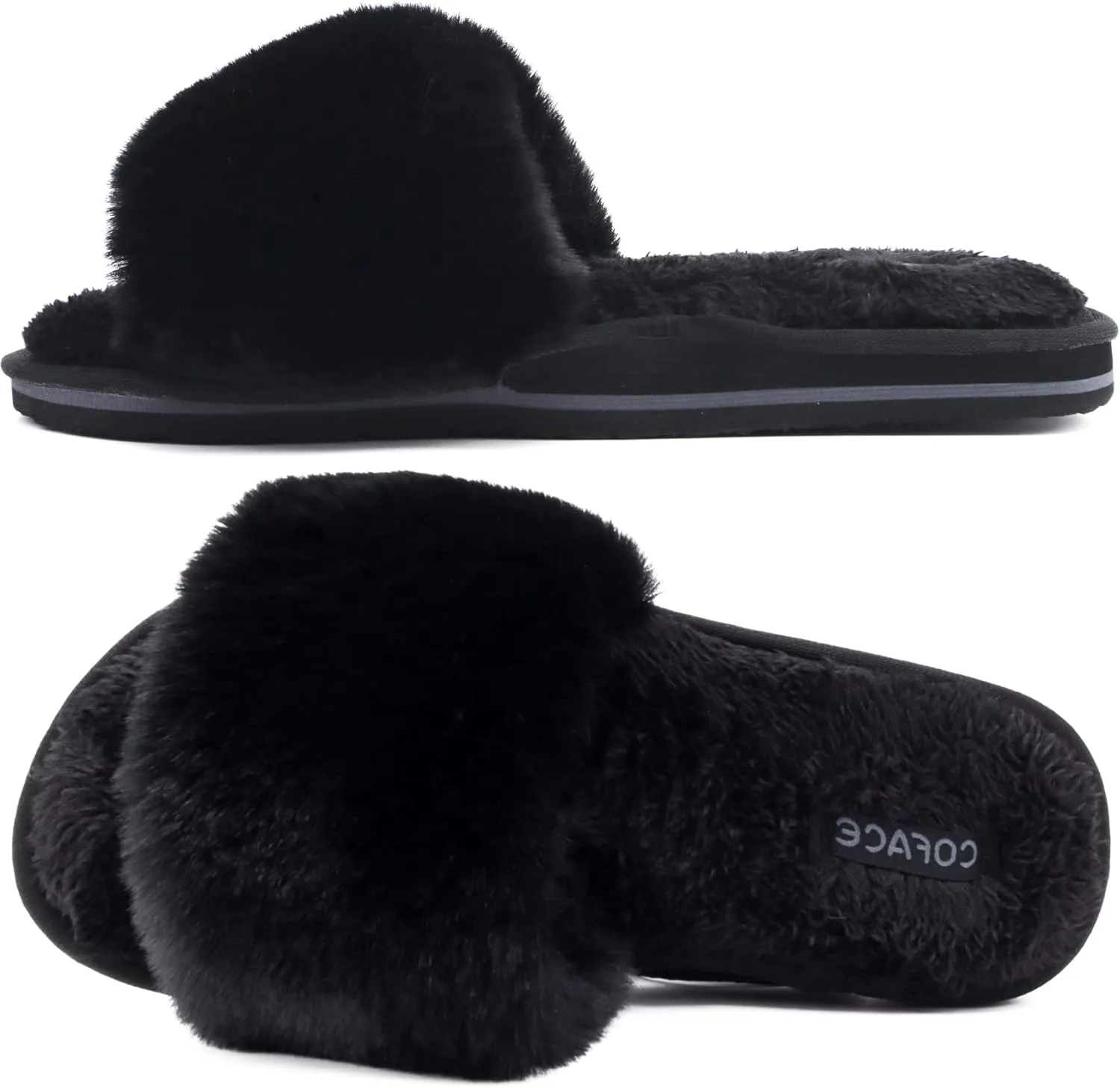 COFACE Womens Slides Fuzzy Slippers Open Toe Fluff Slippers With Arch Support Plantar Fasciitis Orthotic Slippers Women House Shoes