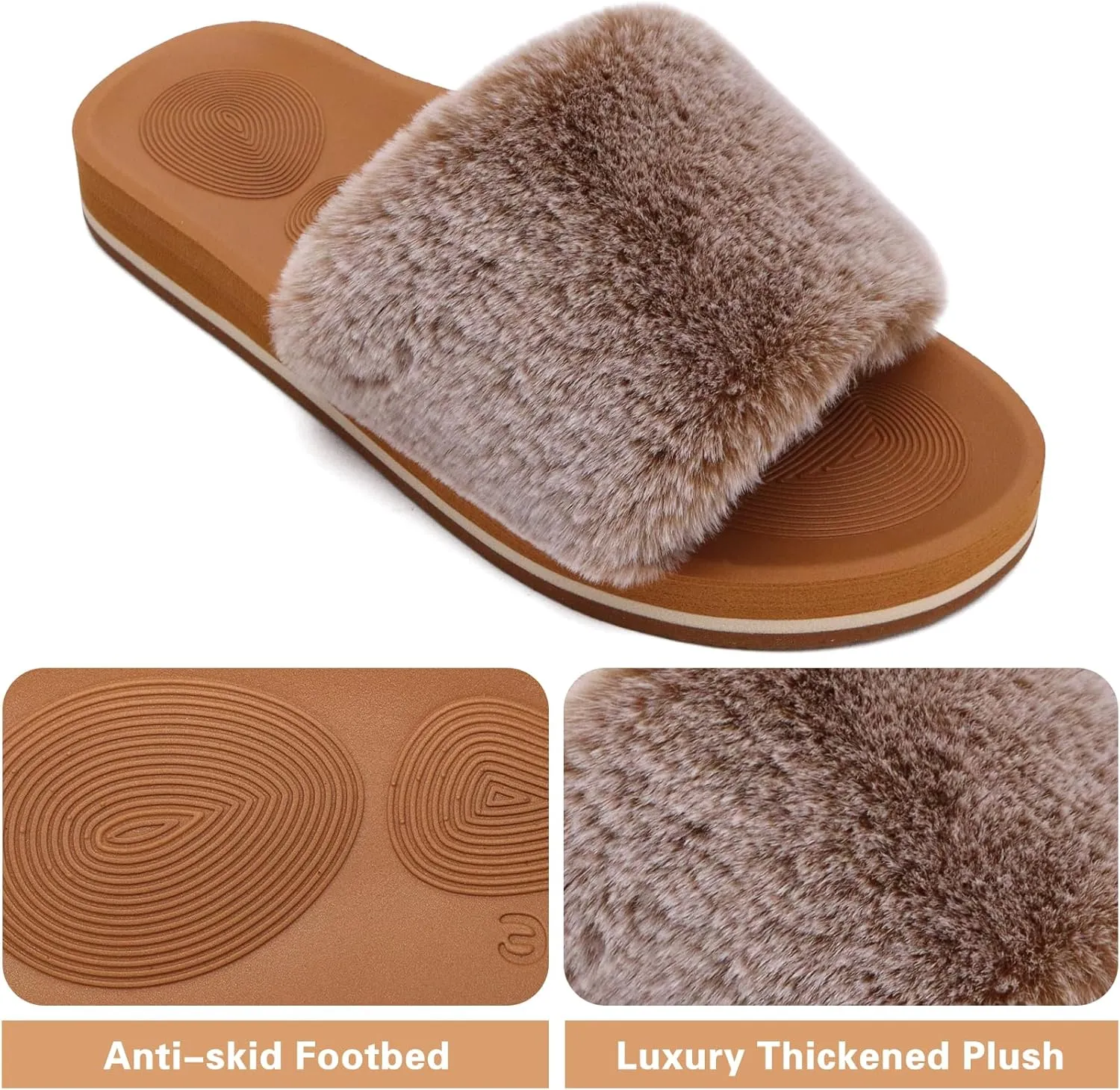 COFACE Womens Slides Fuzzy Slippers Open Toe Fluff Slippers With Arch Support Plantar Fasciitis Orthotic Slippers Women House Shoes