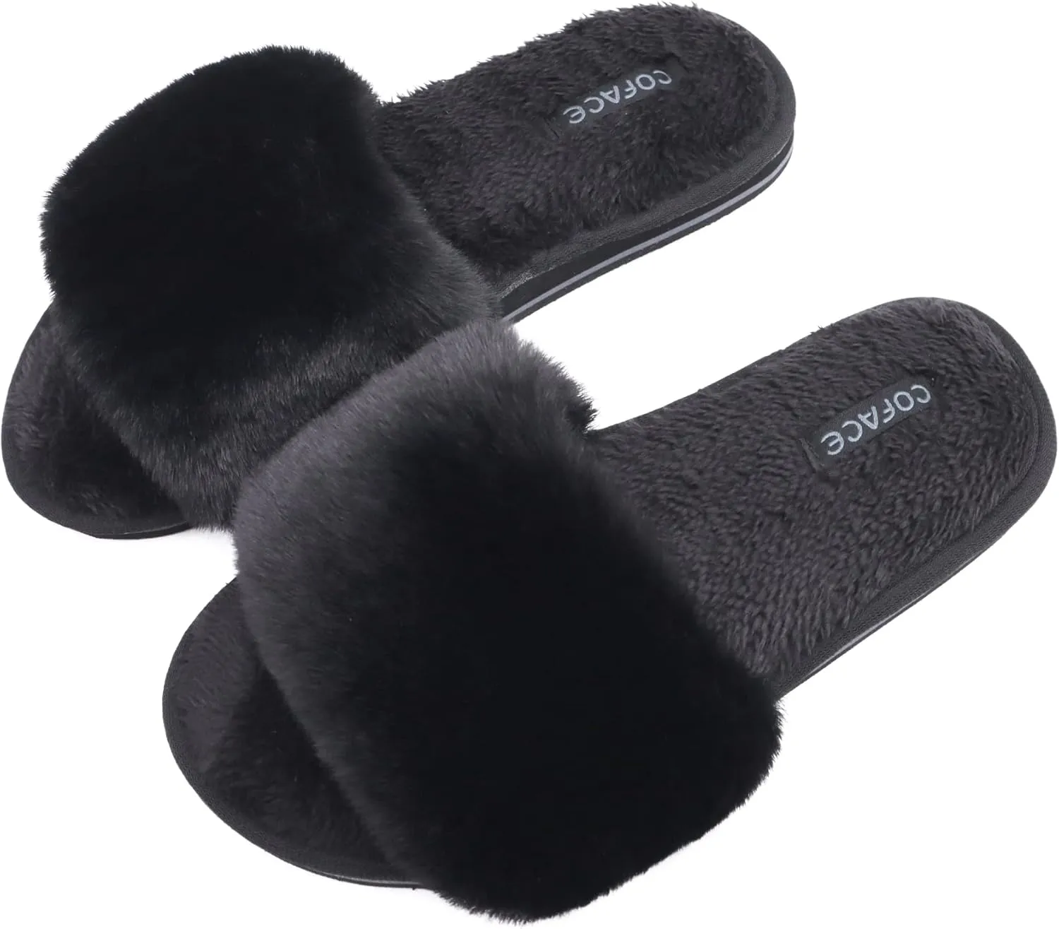 COFACE Womens Slides Fuzzy Slippers Open Toe Fluff Slippers With Arch Support Plantar Fasciitis Orthotic Slippers Women House Shoes