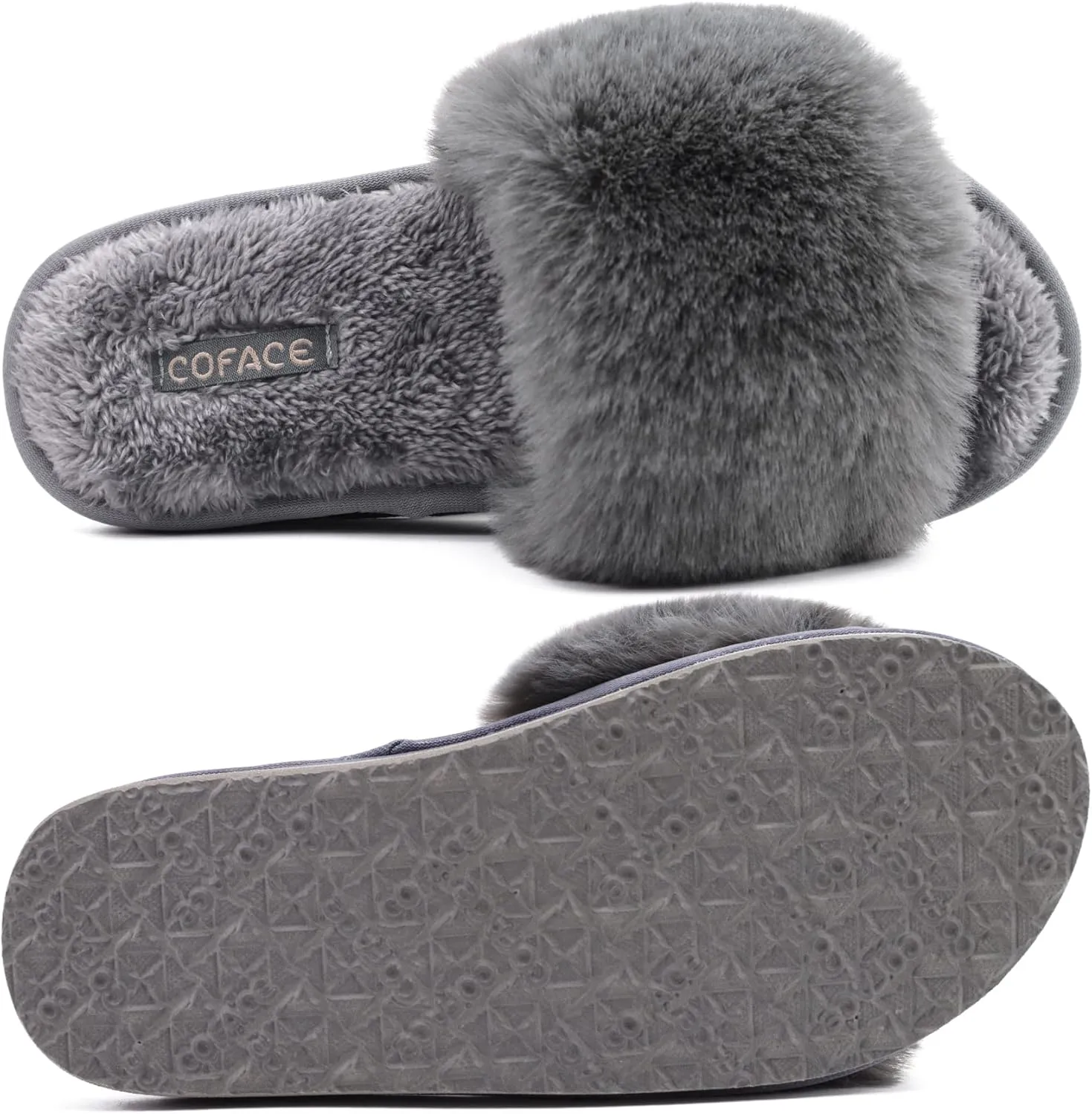 COFACE Womens Slides Fuzzy Slippers Open Toe Fluff Slippers With Arch Support Plantar Fasciitis Orthotic Slippers Women House Shoes
