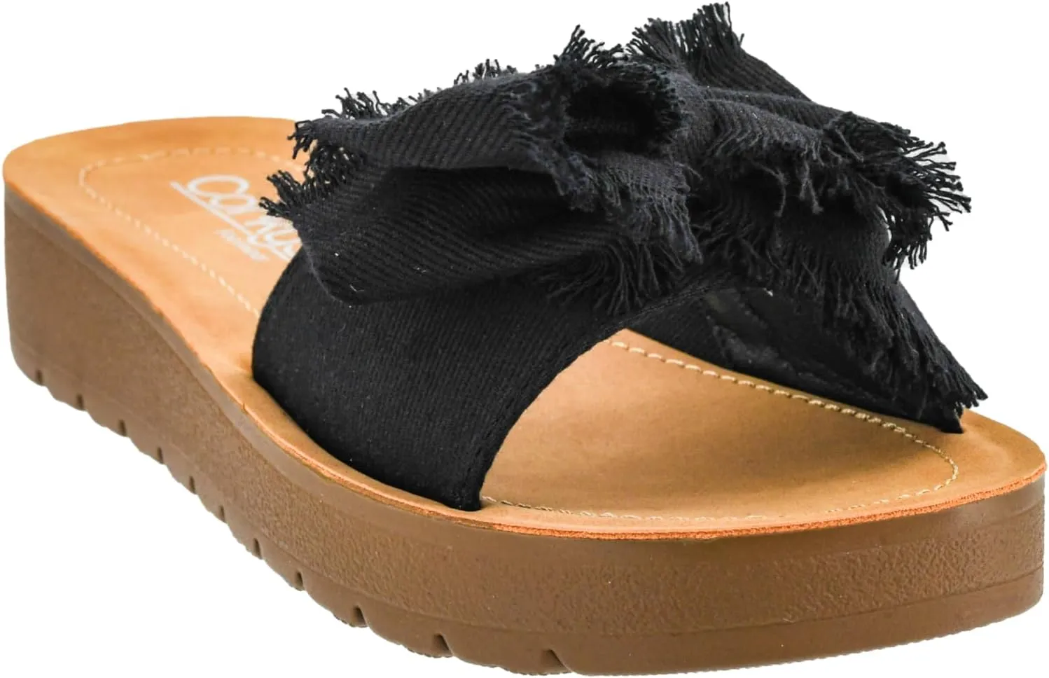 Corkys Footwear Spray Tan Sandal - Comfortable And Cushioned Insoles, Wide Strap with Bow, Frayed Edges On Upper, Open Toe, Easy And Convenient Slip-On Design