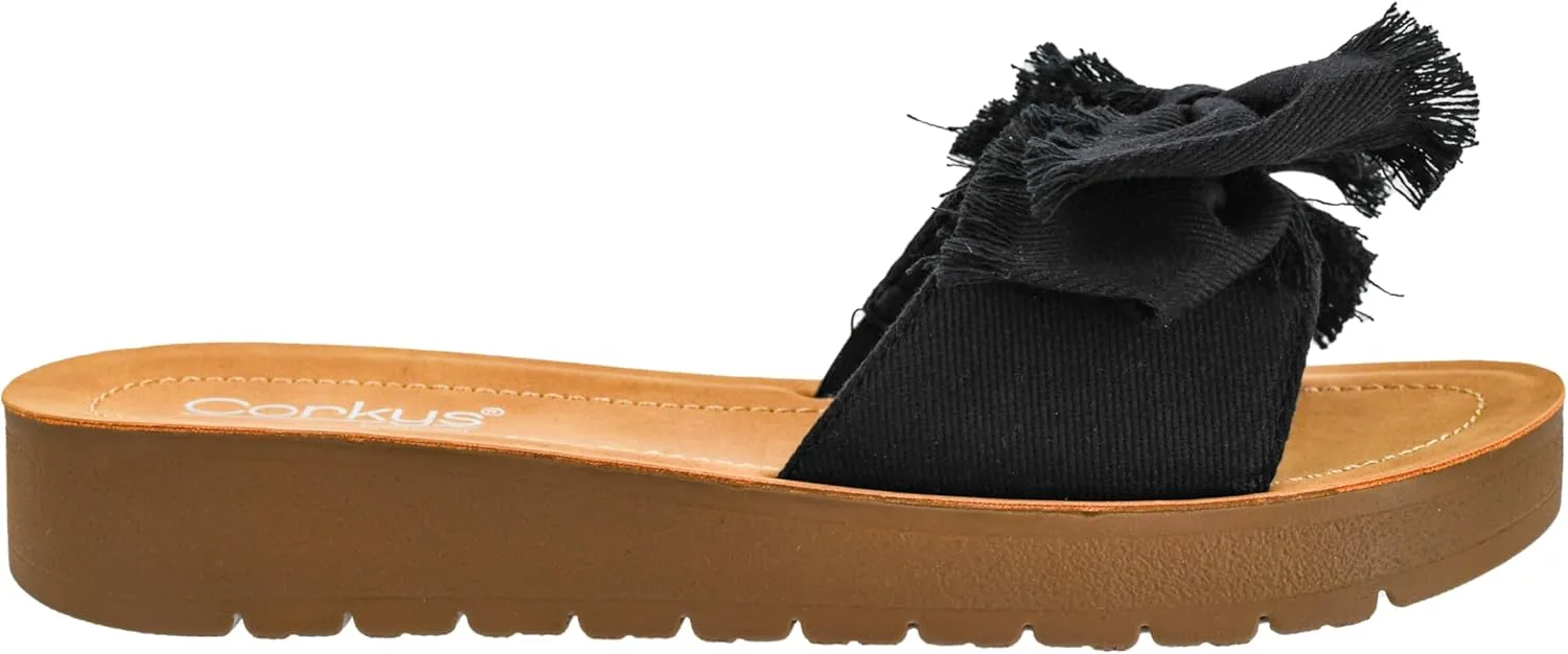 Corkys Footwear Spray Tan Sandal - Comfortable And Cushioned Insoles, Wide Strap with Bow, Frayed Edges On Upper, Open Toe, Easy And Convenient Slip-On Design