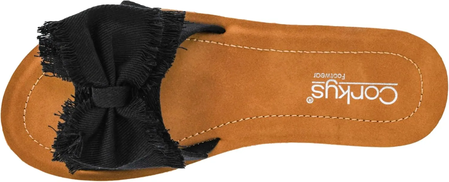 Corkys Footwear Spray Tan Sandal - Comfortable And Cushioned Insoles, Wide Strap with Bow, Frayed Edges On Upper, Open Toe, Easy And Convenient Slip-On Design