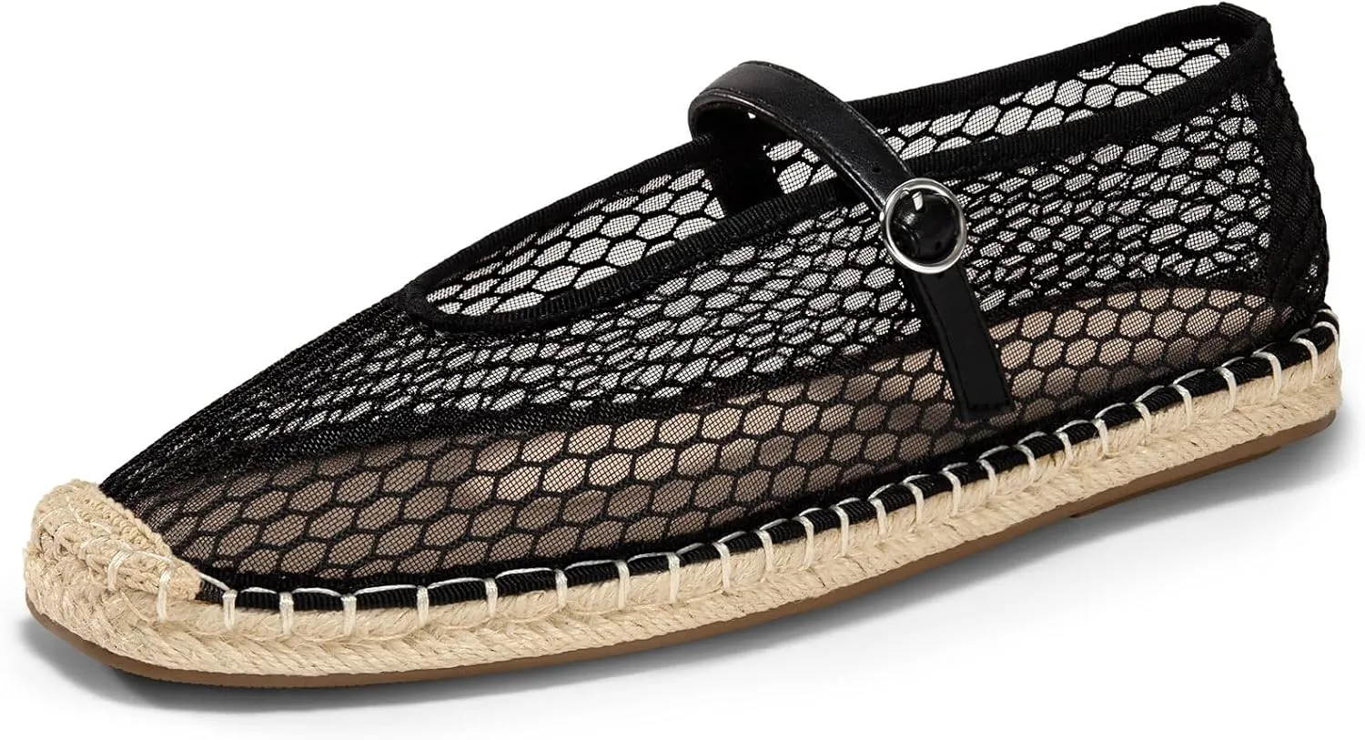 Coutgo Womens Espadrilles Mary Jane Flats Closed Sqaure Toe Mesh Ballet Flats Comfortable Dress Shoes