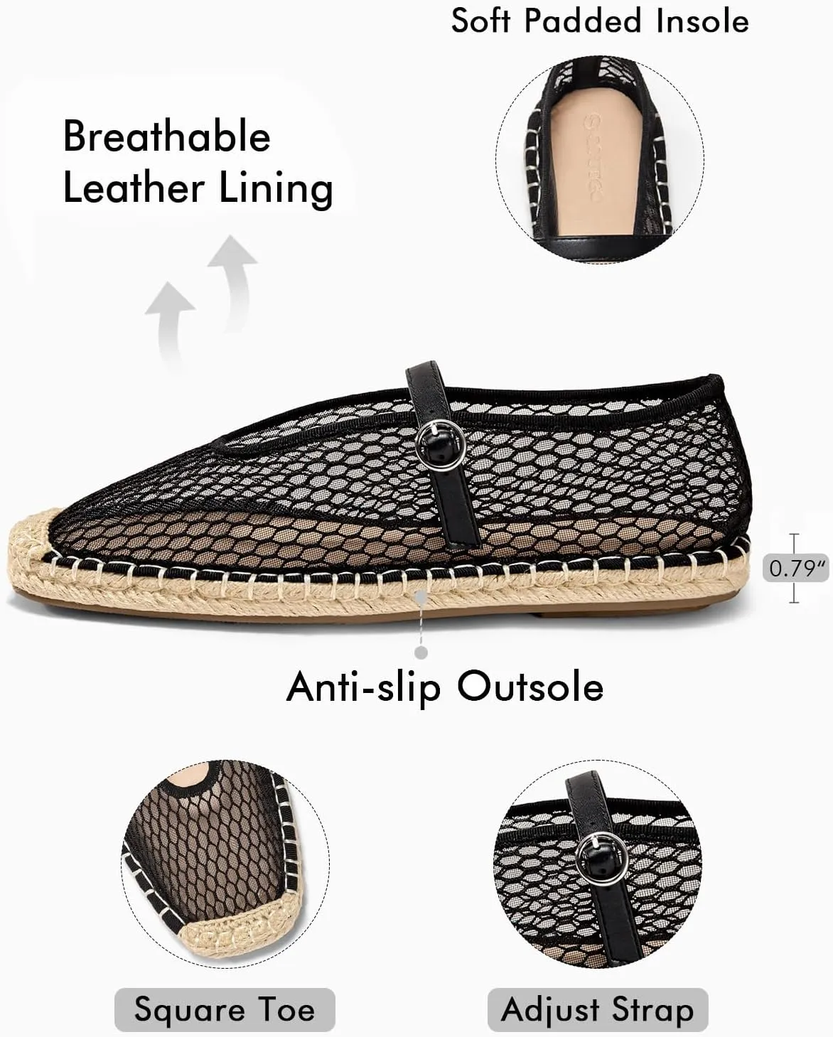 Coutgo Womens Espadrilles Mary Jane Flats Closed Sqaure Toe Mesh Ballet Flats Comfortable Dress Shoes