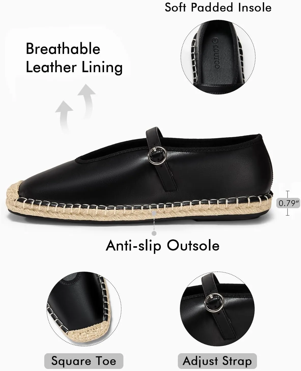 Coutgo Womens Espadrilles Mary Jane Flats Closed Sqaure Toe Mesh Ballet Flats Comfortable Dress Shoes