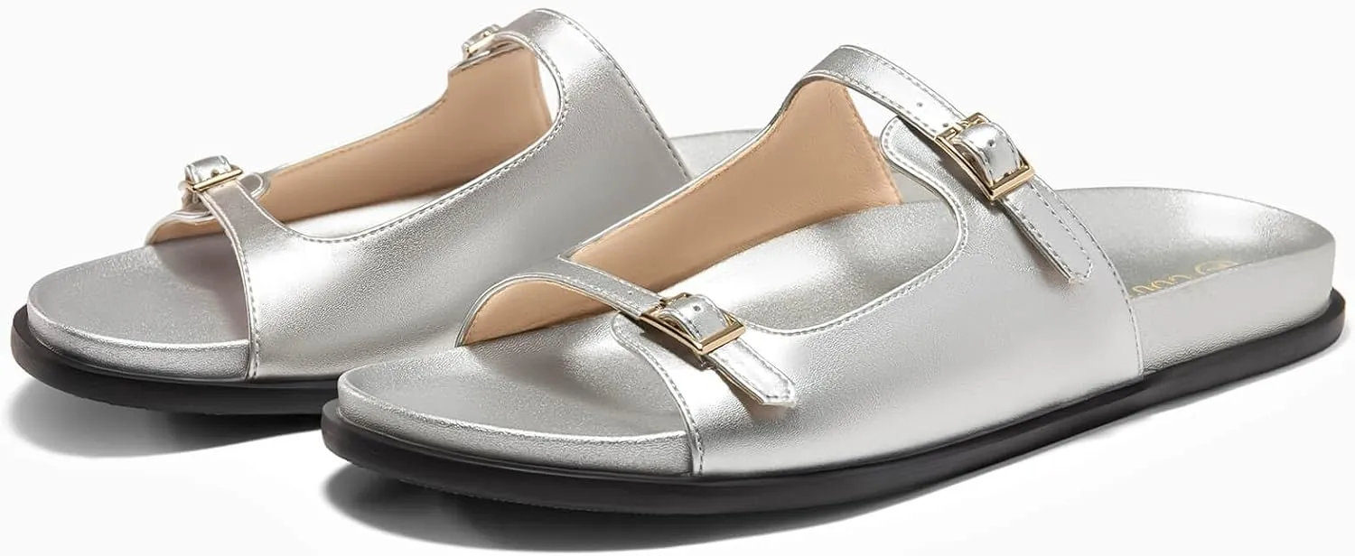 Coutgo Womens Flat Sandals Comfortable Wide Width Slides Double Strap Adjustable Buckle Slip on Shoes