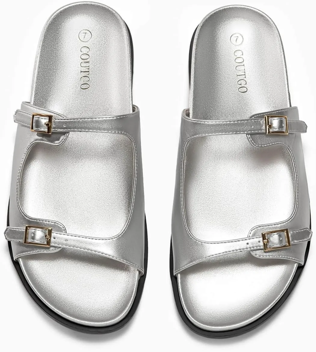 Coutgo Womens Flat Sandals Comfortable Wide Width Slides Double Strap Adjustable Buckle Slip on Shoes