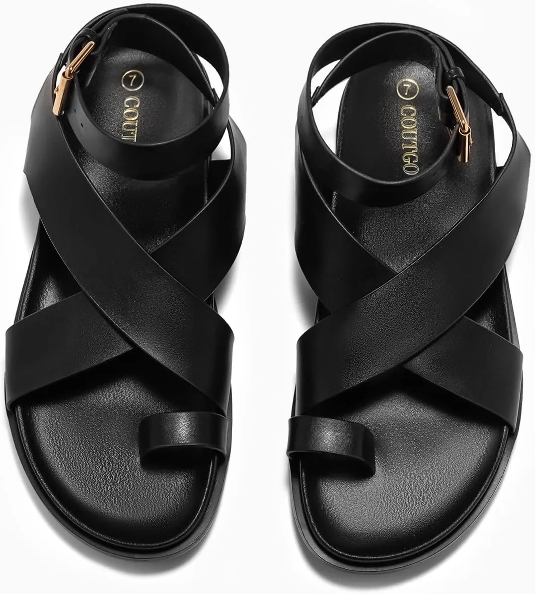Coutgo Womens Flat Thong Sandals Beach Criss Cross Ankle Buckle Strap Comfortable Footbed Summer Sandal