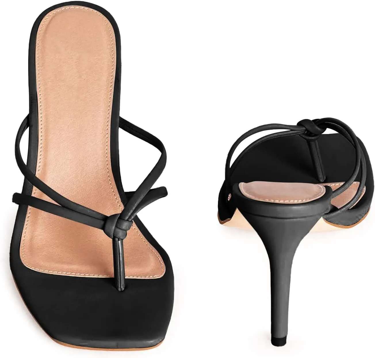 Coutgo Womens Heeled Sandals Strappy Square Toe Flip Flops Fashion Thong Slip on Stiletto Sandals