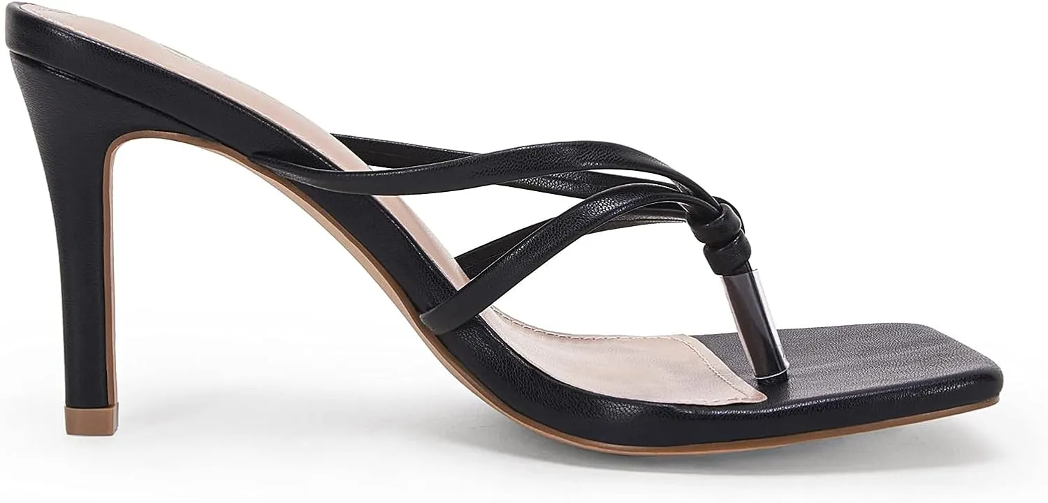Coutgo Womens Heeled Sandals Strappy Square Toe Flip Flops Fashion Thong Slip on Stiletto Sandals