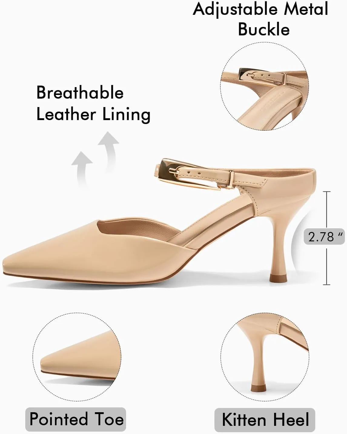 Coutgo Womens High Heels Mules Closed Pointed Toe Kitten Heel Pumps Ankle Buckle Strap Slip On Backless Dress Shoes
