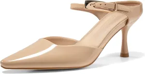 Coutgo Womens High Heels Mules Closed Pointed Toe Kitten Heel Pumps Ankle Buckle Strap Slip On Backless Dress Shoes