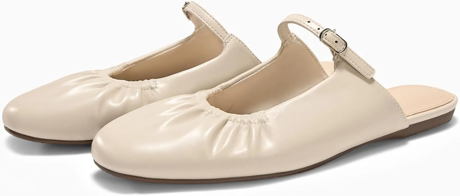 Coutgo Womens Mules Mary Jane Flats Closed Toe Pleated Slip on Shoes Dressy Casual Slides