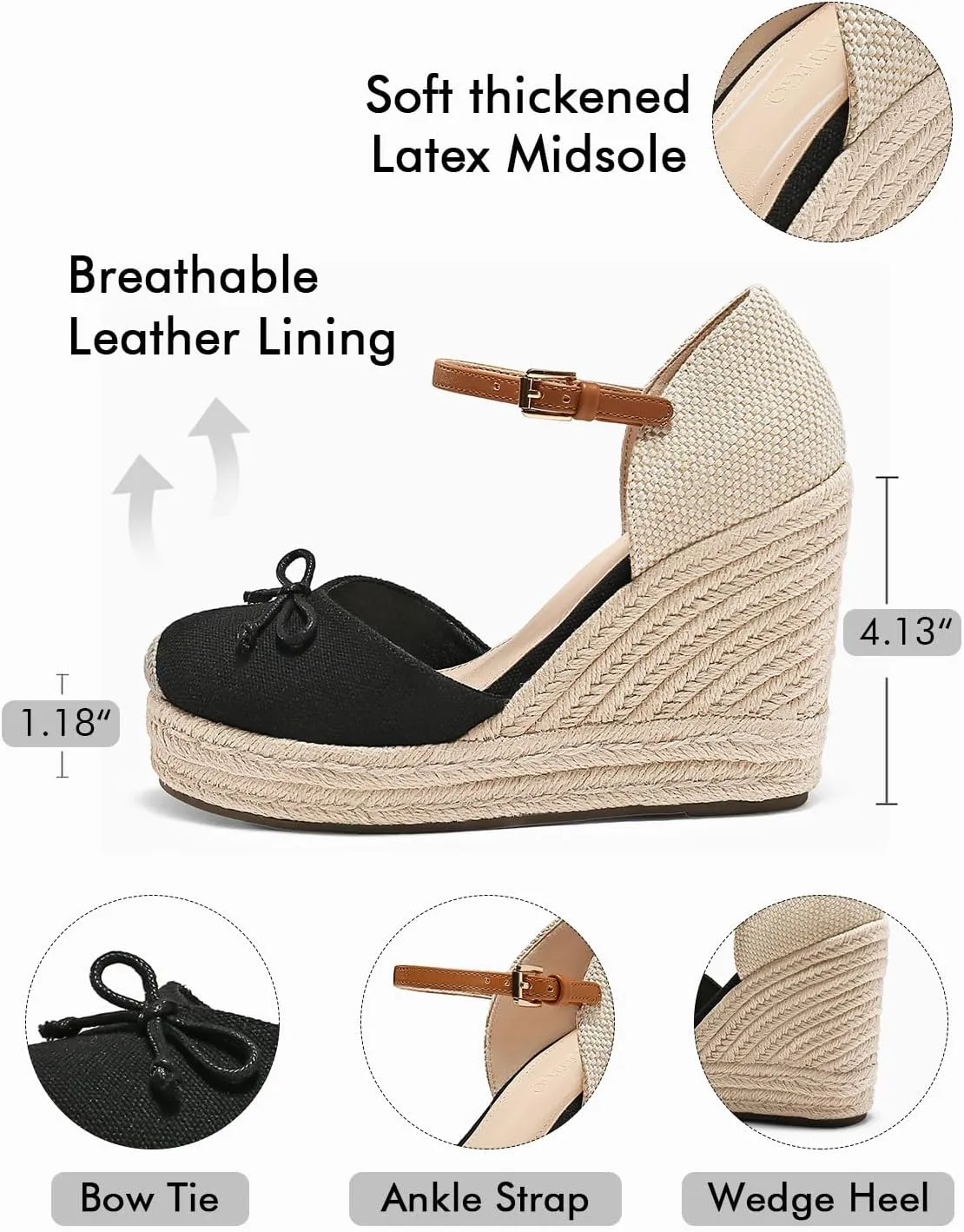 Coutgo Womens Platform Espadrilles Wedge Sandals Closed Cap Toe Bow Tie Ankle Buckle Strap Summer Dress Shoes