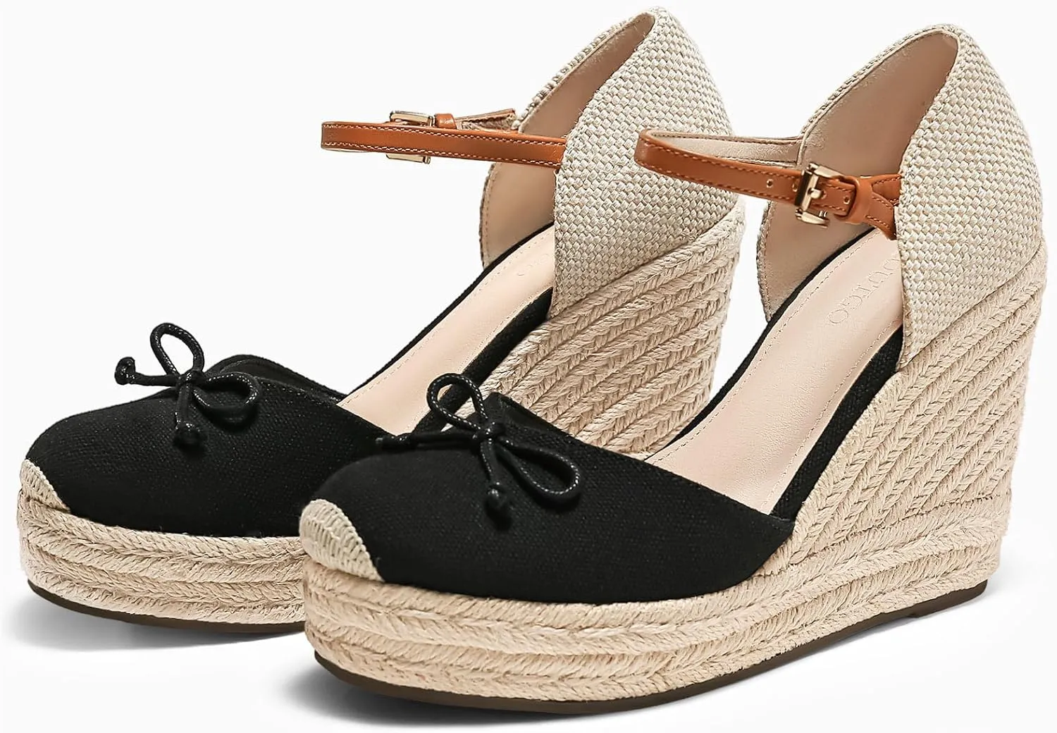 Coutgo Womens Platform Espadrilles Wedge Sandals Closed Cap Toe Bow Tie Ankle Buckle Strap Summer Dress Shoes