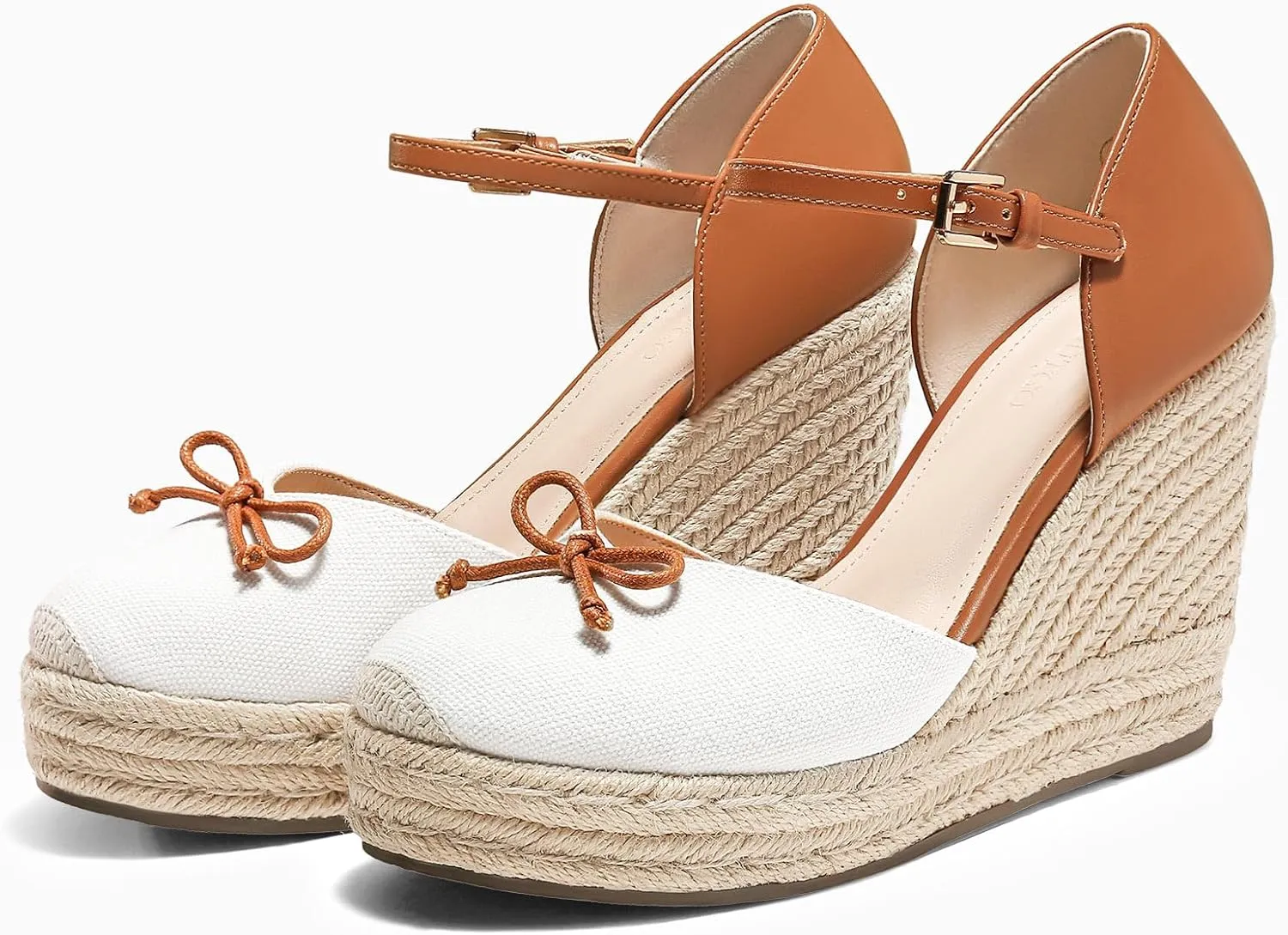 Coutgo Womens Platform Espadrilles Wedge Sandals Closed Cap Toe Bow Tie Ankle Buckle Strap Summer Dress Shoes