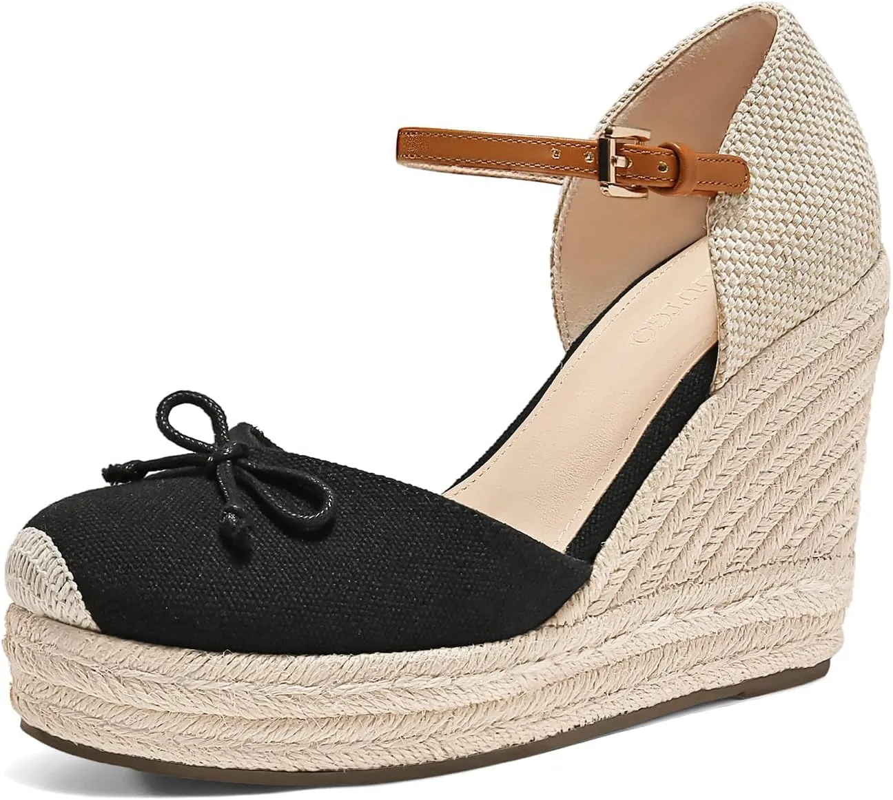 Coutgo Womens Platform Espadrilles Wedge Sandals Closed Cap Toe Bow Tie Ankle Buckle Strap Summer Dress Shoes