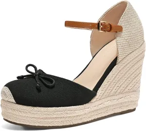 Coutgo Womens Platform Espadrilles Wedge Sandals Closed Cap Toe Bow Tie Ankle Buckle Strap Summer Dress Shoes