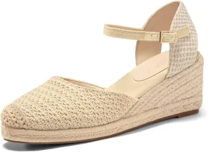Coutgo Womens Platform Wedge Sandals Espadrilles Raffia Closed Toe Heels Ankle Buckle Strap Summer Beach Shoes