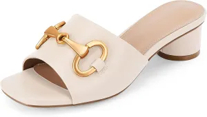 Coutgo Women's Slide Sandals Square Open Toe Slip on Comfortable Mules Block Low Heel Metal Chain Dressy Shoes