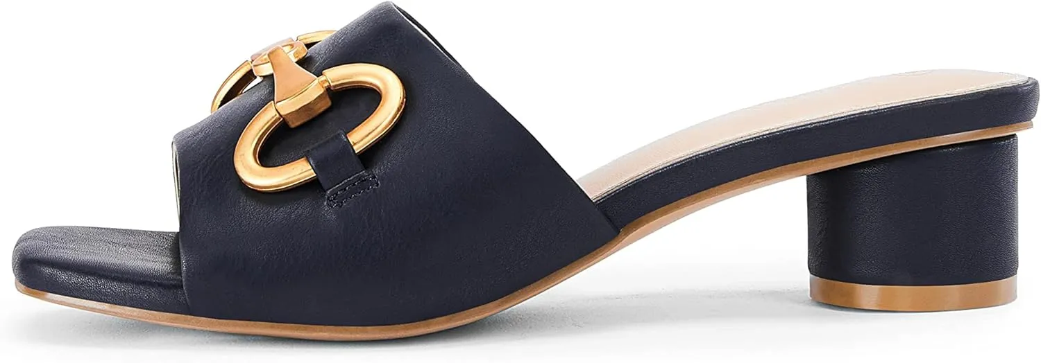 Coutgo Women's Slide Sandals Square Open Toe Slip on Comfortable Mules Block Low Heel Metal Chain Dressy Shoes