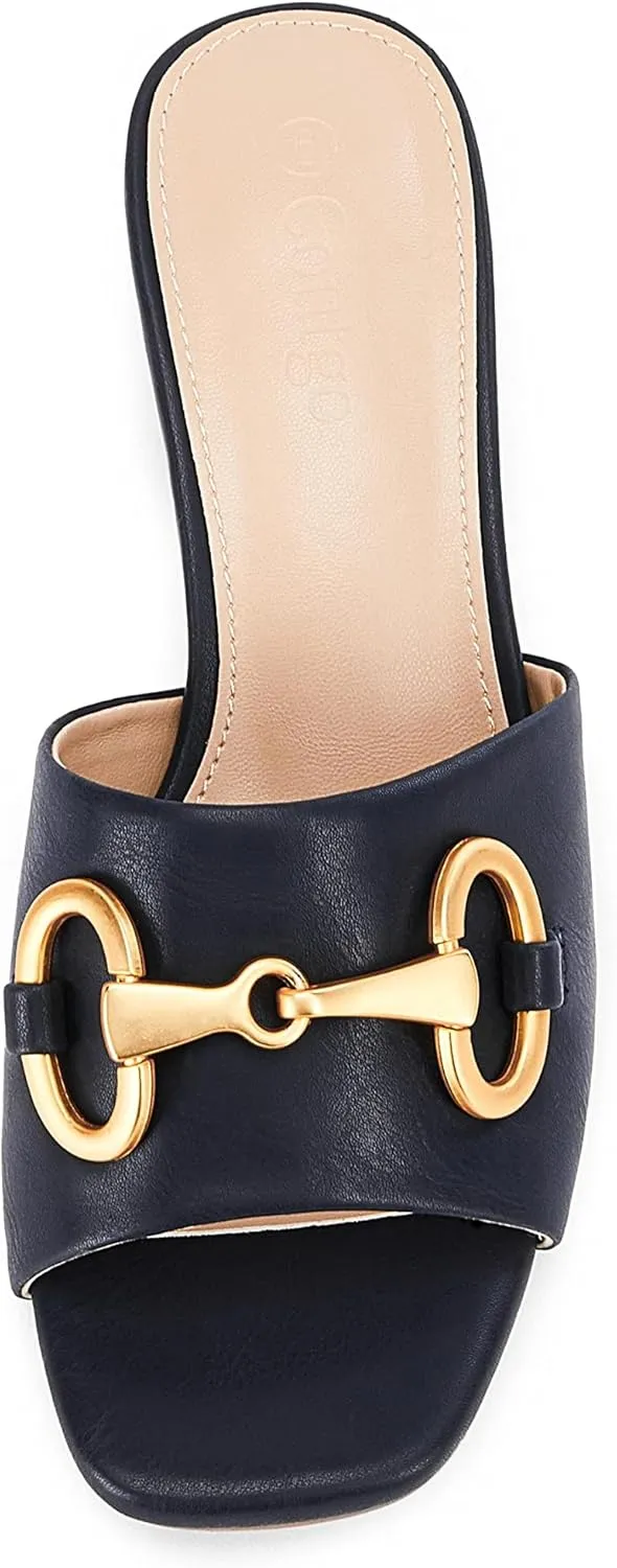 Coutgo Women's Slide Sandals Square Open Toe Slip on Comfortable Mules Block Low Heel Metal Chain Dressy Shoes
