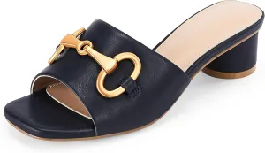 Coutgo Women's Slide Sandals Square Open Toe Slip on Comfortable Mules Block Low Heel Metal Chain Dressy Shoes