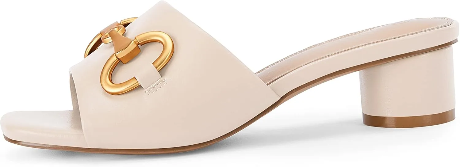 Coutgo Women's Slide Sandals Square Open Toe Slip on Comfortable Mules Block Low Heel Metal Chain Dressy Shoes