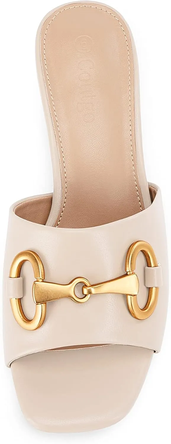 Coutgo Women's Slide Sandals Square Open Toe Slip on Comfortable Mules Block Low Heel Metal Chain Dressy Shoes