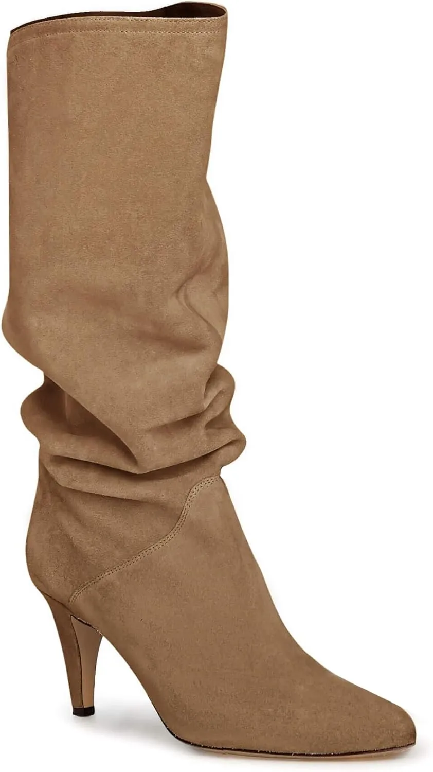 Coutgo Womens Slouchy Knee High Boots Wide Calf Kitten Heel Pointed Toe Pull On Long Boots Winter Shoes