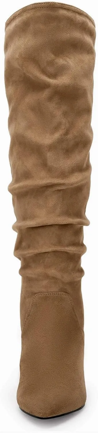 Coutgo Womens Slouchy Knee High Boots Wide Calf Kitten Heel Pointed Toe Pull On Long Boots Winter Shoes